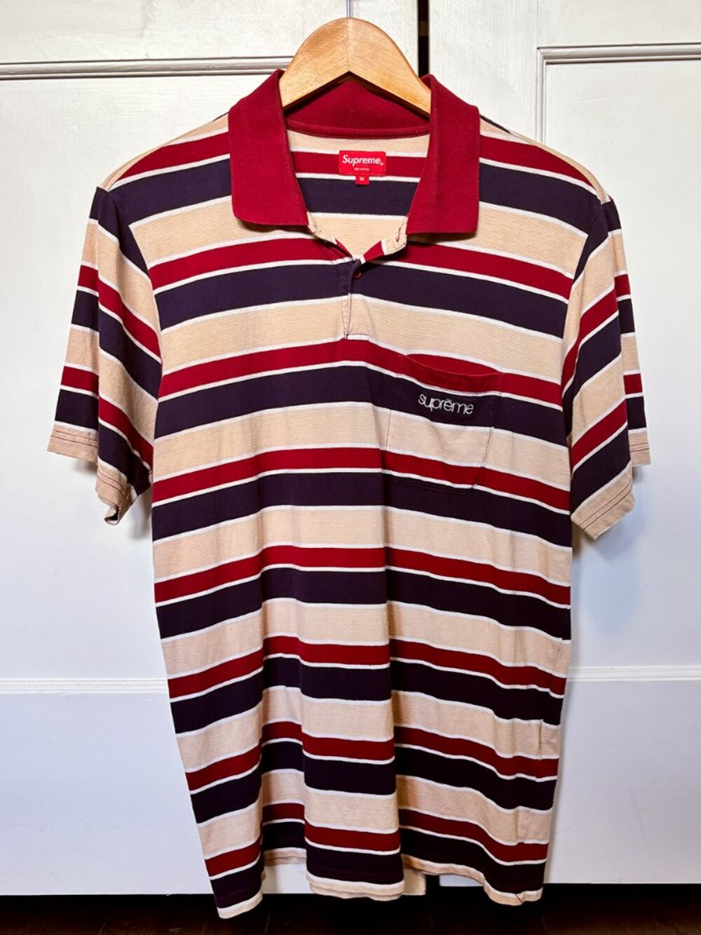 Supreme Cursive Polo Shirt Striped Burgundy Navy Tan - Size M (SS25)